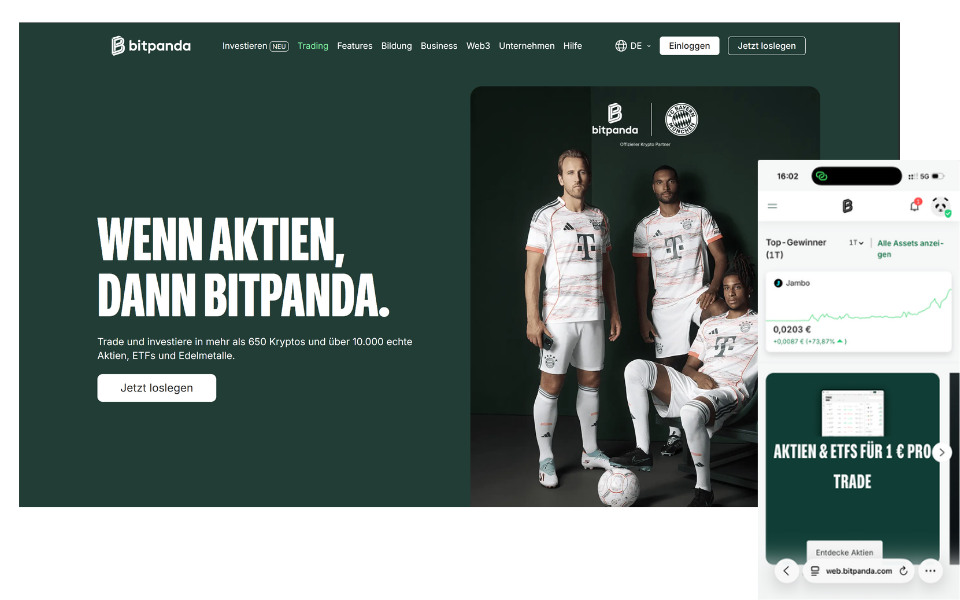 Bitpanda‑Screenshot: Aktien & ETFs und Mobile App